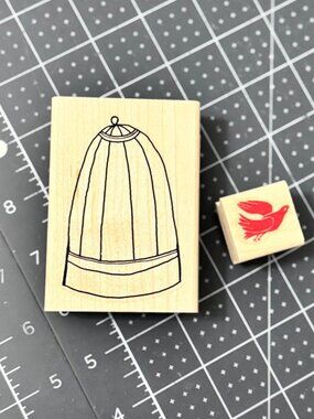 New Yellow Owl Workshop Birdcage and Bird Rubber Stamp Set and Drawstring Bag